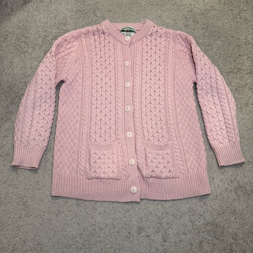 Aran Crafts Ireland Cable Knit Cardigan‎ Sweater Merino Wool Womens Medium Pink